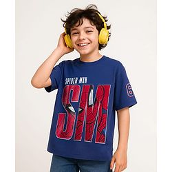 Pine Kids Marvel Single Jersey Knit Half Drop Shoulder Sleeves Oversized T-Shirt with Spider Man Graphics - Navy Blue
