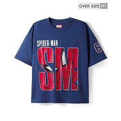 Pine Kids Marvel Single Jersey Knit Half Drop Shoulder Sleeves Oversized T-Shirt with Spider Man Graphics - Navy Blue