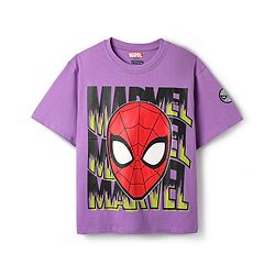 Pine Kids Marvel Single Jersey Knit Half Drop Shoulder Sleeves Oversized T-Shirt with Spider Man Graphics & Badge Detailing - Lavender