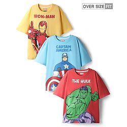 Pine Kids Marvel Single Jersey Knit Drop Shoulder Half Sleeves Oversized T-Shirt with Avengers Graphics Pack Of 3 - Red Light Blue & Yellow