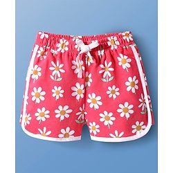Pine Kids Looper Knit Mid Thigh Length Shorts with Floral Print - Dark Pink