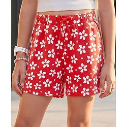 Pine Kids Looper Knit Mid Thigh Shorts With Floral Print - Red