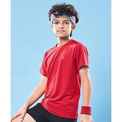 Pine Active Knit Half Sleeves High Stretch Skin Friendly Cut & Sew Solid Color T-Shirt - Red