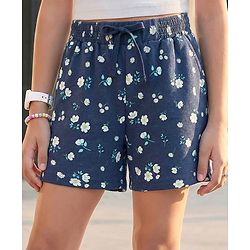 Pine Kids Looper Knit Mid Thigh Shorts With Floral Print - Navy Blue