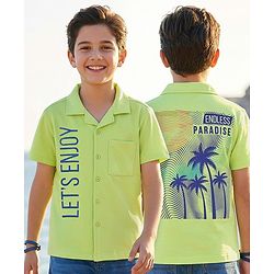 Pine Kids Cotton Knit Half Sleeves Shirt with Beach Theme Print - Light Green