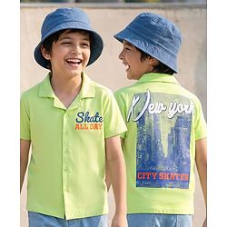 Pine Kids Cotton Knit Half Sleeves Shirt with New York City Print - Light Green