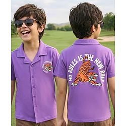 Pine Kids Cotton Knit Half Sleeves Shirt With Tiger Print - Violet