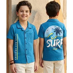 Pine Kids Cotton Knit Half Sleeves Shirt with Text Print - Blue