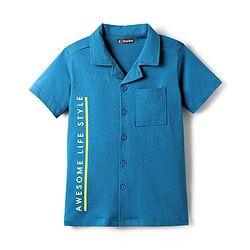 Pine Kids Cotton Knit Half Sleeves Shirt with Text Print - Blue