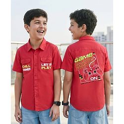 Pine Kids Cotton Woven Half Sleeves  Shirt With Game On Print - Red