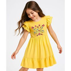 Pine Kids Cotton Knit Half Frill Sleeves Tiered Dress with Floral Embroidery - Yellow
