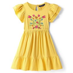 Pine Kids Cotton Knit Half Frill Sleeves Tiered Dress with Floral Embroidery - Yellow