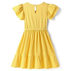 Pine Kids Cotton Knit Half Frill Sleeves Tiered Dress with Floral Embroidery - Yellow
