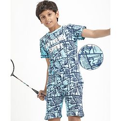 Pine Kids Single Jersey Knit Half Sleeves Co-Ords Shorts Night Suit With Extreme Sport Theme Text Print- Blue