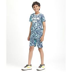 Pine Kids Single Jersey Knit Half Sleeves Co-Ords Shorts Night Suit With Extreme Sport Theme Text Print- Blue