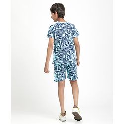Pine Kids Single Jersey Knit Half Sleeves Co-Ords Shorts Night Suit With Extreme Sport Theme Text Print- Blue