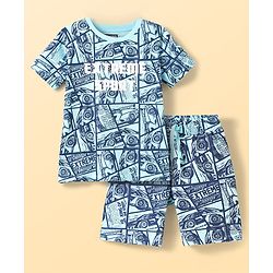 Pine Kids Single Jersey Knit Half Sleeves Co-Ords Shorts Night Suit With Extreme Sport Theme Text Print- Blue