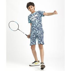 Pine Kids Single Jersey Knit Half Sleeves Co-Ords Shorts Night Suit With Extreme Sport Theme Text Print- Blue