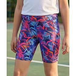 Pine Active Super Stretch Knee Length Cycling Shorts With Star Print - Pink & Blue