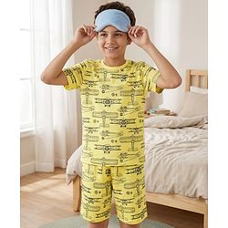 Pine Kids Single Jersey Knit Half Sleeves Shorts Nightsuit With Airplane Print - Lemon Yellow