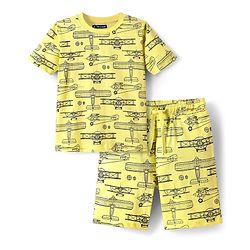Pine Kids Single Jersey Knit Half Sleeves Shorts Nightsuit With Airplane Print - Lemon Yellow