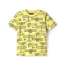 Pine Kids Single Jersey Knit Half Sleeves Shorts Nightsuit With Airplane Print - Lemon Yellow