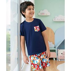 Pine Kids Single Jersey Knit Half Sleeves Shorts Nightsuit With Sport Theme Text Print - Navy Blue