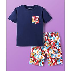 Pine Kids Single Jersey Knit Half Sleeves Shorts Nightsuit With Sport Theme Text Print - Navy Blue