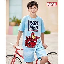 Pine Kids Marvel Single Jersey Knit Half Drop Shoulder Sleeves T-Shirt & Shorts Set With Avengers Graphics Tie & Dye Print & Badge Detailing - Light Blue