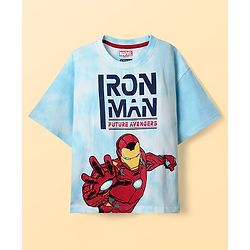 Pine Kids Marvel Single Jersey Knit Half Drop Shoulder Sleeves T-Shirt & Shorts Set With Avengers Graphics Tie & Dye Print & Badge Detailing - Light Blue