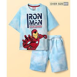 Pine Kids Marvel Single Jersey Knit Half Drop Shoulder Sleeves T-Shirt & Shorts Set With Avengers Graphics Tie & Dye Print & Badge Detailing - Light Blue