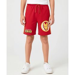 Pine Kids Marvel 100% Cotton Knee Length Shorts With Avengers Iron Man Graphics & Tape Detailing - Red