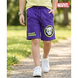 Pine Kids Marvel 100% Cotton Knee Length Shorts With Avengers Black Panther Graphics & Tape Detailing - Purple