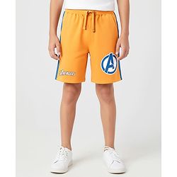 Pine Kids Marvel 100% Cotton Knee Length Shorts With Avengers Graphics & Tape Detailing - Orange