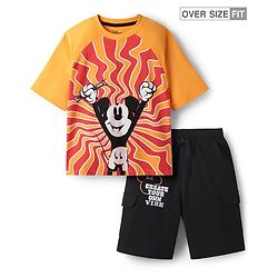 Pine Kids Disney Single Jersey Knit Raglan Drop Shoulder Oversize Half Sleeves T-Shirt & Shorts with Mickey Mouse Graphics with Pocket Detailing - Yellow
