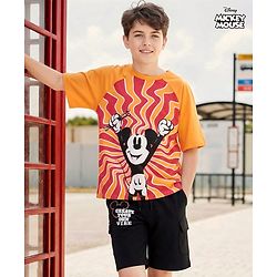 Pine Kids Disney Single Jersey Knit Raglan Drop Shoulder Oversize Half Sleeves T-Shirt & Shorts with Mickey Mouse Graphics with Pocket Detailing - Yellow
