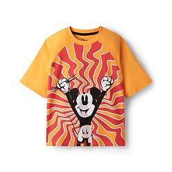 Pine Kids Disney Single Jersey Knit Raglan Drop Shoulder Oversize Half Sleeves T-Shirt & Shorts with Mickey Mouse Graphics with Pocket Detailing - Yellow