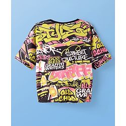 Pine Kids Cotton Knit Half Sleeves Drop Shoulder T-Shirt with Old School Text Print - Black
