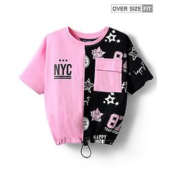 Pine Kids Cotton Knit Half Drop Shoulder Sleeves Cut & Sew T-Shirt with Star Print - Pink
