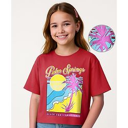 Pine Kids Cotton Knit Drop Shoulder Half Sleeves T-Shirt With Palm Spring Text Print - Dark Pink