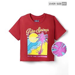 Pine Kids Cotton Knit Drop Shoulder Half Sleeves T-Shirt With Palm Spring Text Print - Dark Pink