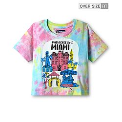 Pine Kids Cotton Knit Half Drop Shoulder Sleeves Tie & Dye T-Shirt with Beach Theme Print - Light Blue & Pink