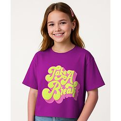 Pine Kids Cotton Knit Half Drop Shoulder Sleeves T-Shirt with Text Print - Purple