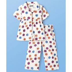 Pine Kids Cotton Knit Half Sleeves Capri Night Suit With Floral Print - White