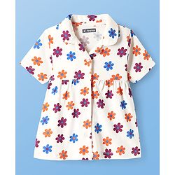 Pine Kids Cotton Knit Half Sleeves Capri Night Suit With Floral Print - White