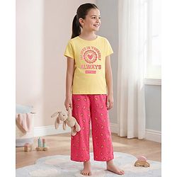 Pine Kids Cotton Knit Half Sleeves Capri Night Suit with Text Print - Yellow & Pink