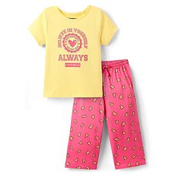 Pine Kids Cotton Knit Half Sleeves Capri Night Suit with Text Print - Yellow & Pink