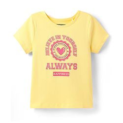 Pine Kids Cotton Knit Half Sleeves Capri Night Suit with Text Print - Yellow & Pink