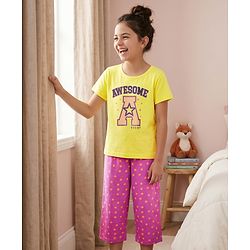 Pine Kids Cotton Knit Half Sleeves Capri Night Suit With Awesome & Star Print - Light Yellow