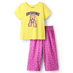 Pine Kids Cotton Knit Half Sleeves Capri Night Suit With Awesome & Star Print - Light Yellow